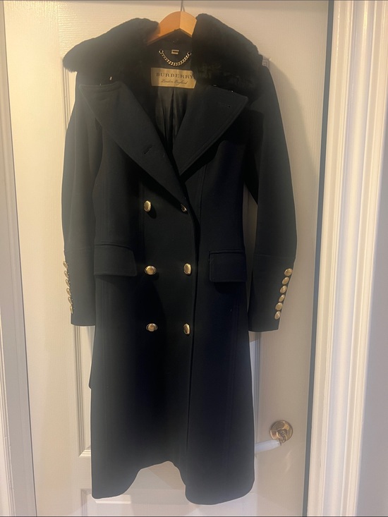 Burberry Jackets & Blazers - Burberry Black Double-Breasted Wool Pea Coat with Fur Collar